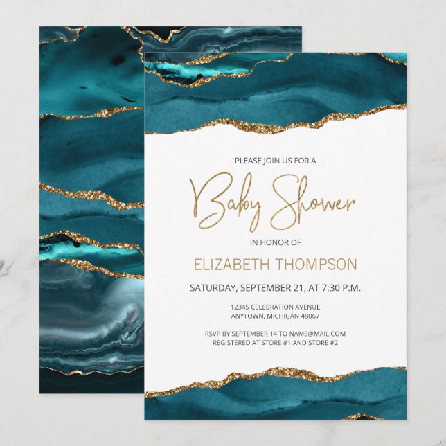 Chic Teal Blue Gold Agate Geode Baby Shower (Front/Back)
