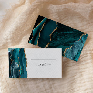 Chic Teal Blue Gold Agate Wedding Escort Place Card