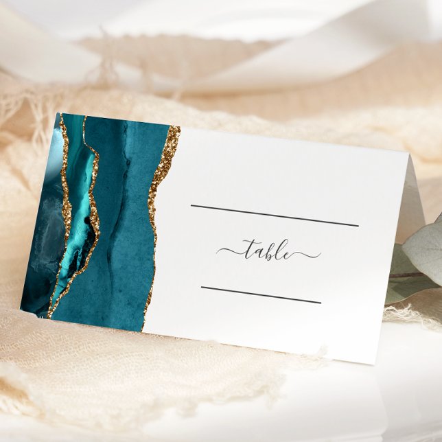 Chic Teal Blue Gold Agate Wedding Table Place Card (Creator Uploaded)