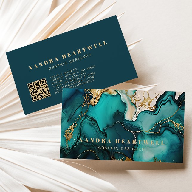 Chic Teal Blue Gold Glitter Ink Abstract QR Code Business Card (Creator Uploaded)
