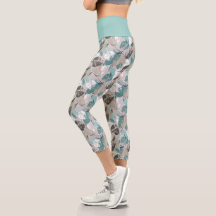 Chic Teal Blue Green Taupe Brown Leaves Pattern Capri Leggings