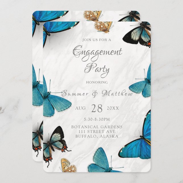 Chic Teal Blue Painted Butterfly Engagement Party Invitation (Front/Back)