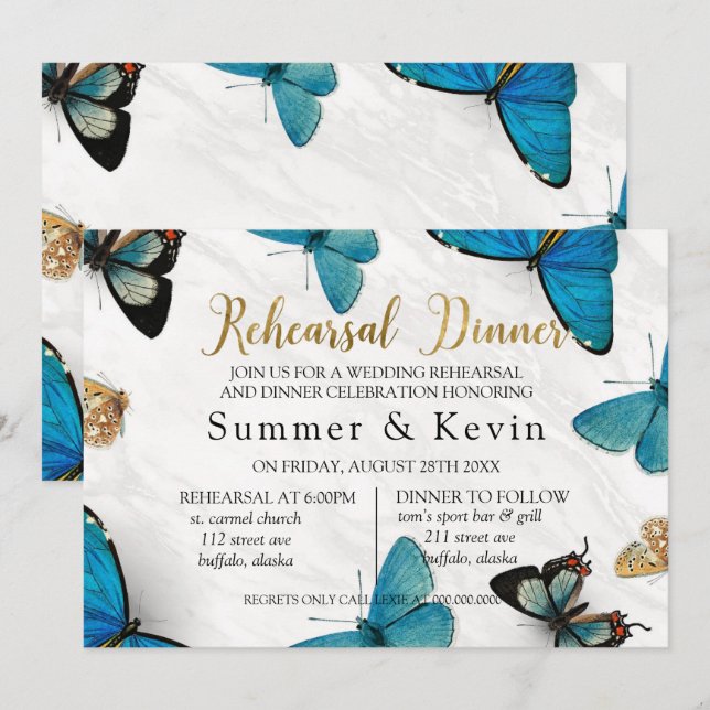 Chic Teal Blue Painted Butterfly Rehearsal Dinner Invitation (Front/Back)