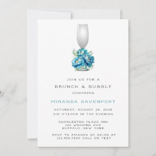 Chic Teal Blue Peony Flower Brunch & Bubbly Invitation
