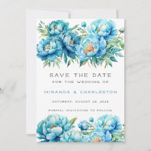Chic Teal Blue Peony Flower Save The Date Invitation