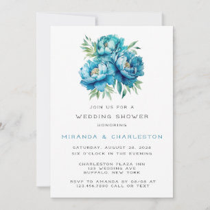 Chic Teal Blue Peony Flower Wedding Shower Invitation