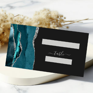 Chic Teal Blue Silver Agate Dark Wedding Place Card