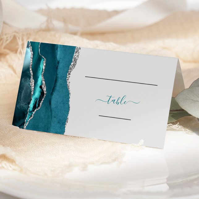 Chic Teal Blue Silver Agate Wedding Place Card (Creator Uploaded)