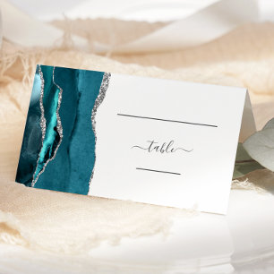 Chic Teal Blue Silver Agate Wedding Place Card