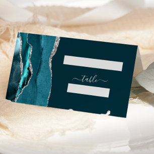 Chic Teal Blue Silver Agate Wedding Place Card