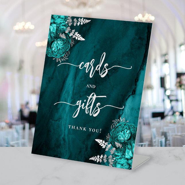 Chic Teal Blue Silver Floral Wedding Cards Gifts Pedestal Sign (Creator Uploaded)