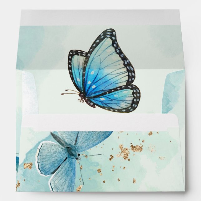 Chic Teal Blue Watercolor Butterfly Wedding Envelope (Back (Bottom))