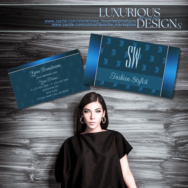 Chic Teal Blue with Monogram Pattern Professional Business Card (Creator Uploaded)