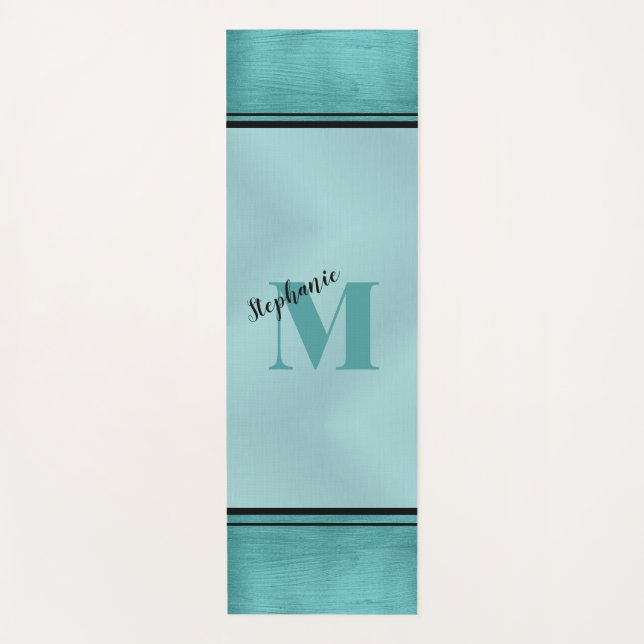 Chic Teal Brushed Metal Monogrammed Elegant Yoga Mat (Front)