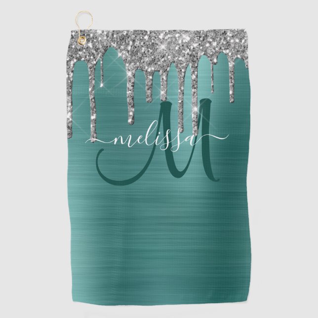 Chic Teal Brushed Metal Silver Glitter Drips Name Golf Towel (Front)