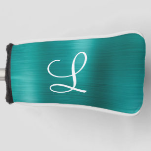 Chic Teal Brushed Metal White Monogram Golf Head Cover