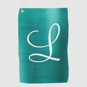 Chic Teal Brushed Metal White Monogram Golf Towel