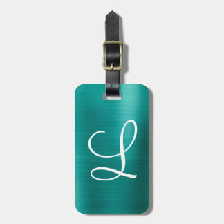 Chic Teal Brushed Metal White Monogram Luggage Tag