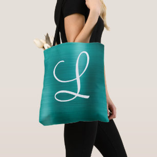 Chic Teal Brushed Metal White Monogram Tote Bag