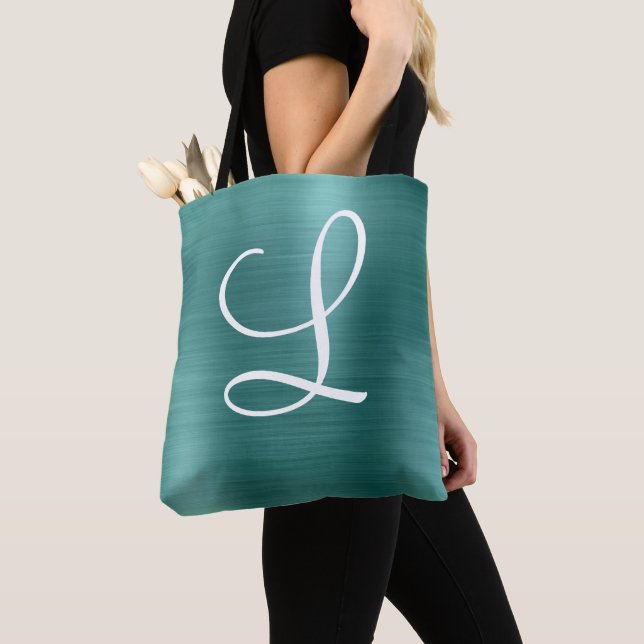 Chic Teal Brushed Metal White Monogram Tote Bag (Close Up)