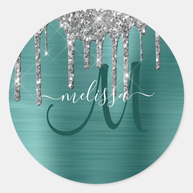 Chic Teal Brushed Metallic Silver Glitter Drips Classic Round Sticker (Front)