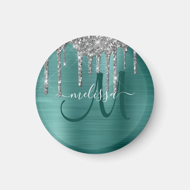 Chic Teal Brushed Metallic Silver Glitter Drips Magnet (Front)