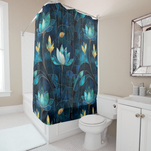 Chic teal chrysanthemum shower curtain (In Situ)