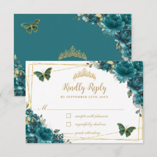 Chic Teal Cyan Floral Gold Butterflies Quinceañera RSVP Card