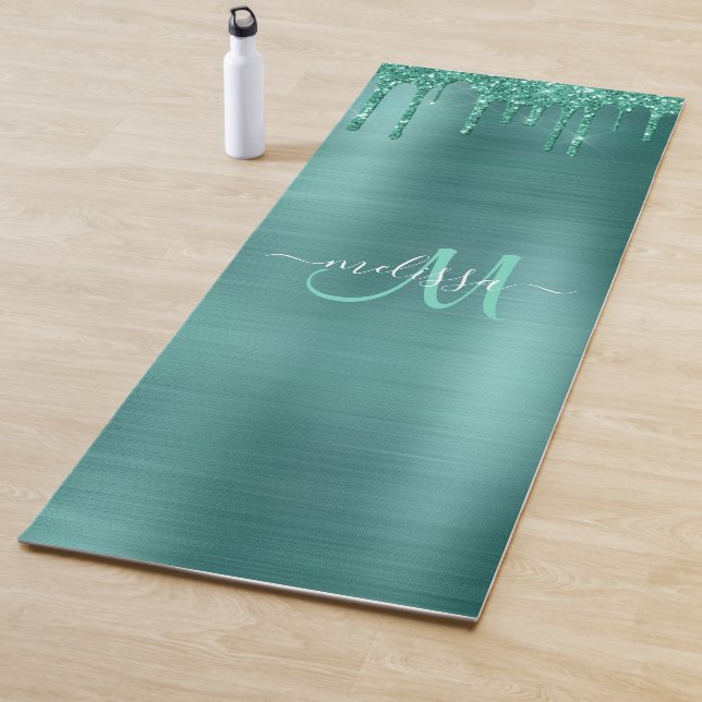 Chic Teal Dripping Glitter Monogram Name Yoga Mat (In Situ)