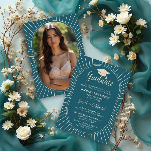 Chic Teal Elegantly Vintage Oval-Shape Graduate Invitation (Chic Teal Elegantly Vintage Oval-Shape Graduate Cap Party Invitations Cards with Back Photo. )