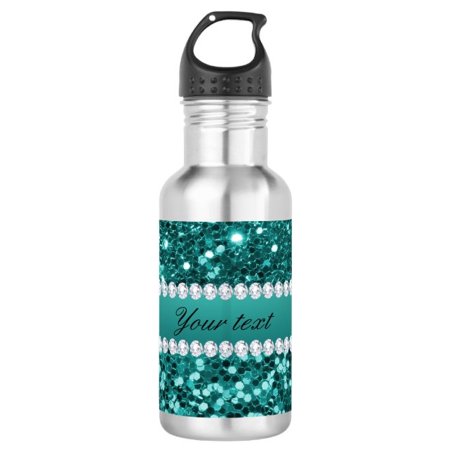 Chic Teal Faux Glitter and Diamonds 532 Ml Water Bottle (Front)