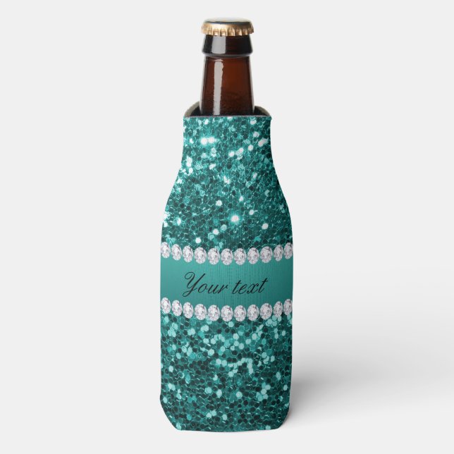 Chic Teal Faux Glitter and Diamonds Bottle Cooler (Bottle Front)