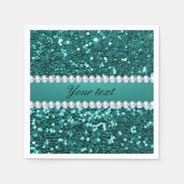 Chic Teal Faux Glitter and Diamonds Napkin (Front)