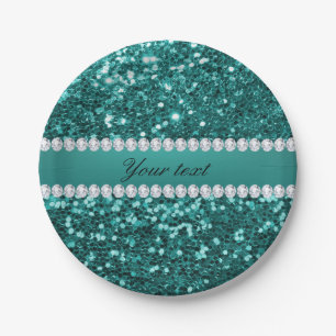 Chic Teal Faux Glitter and Diamonds Paper Plate