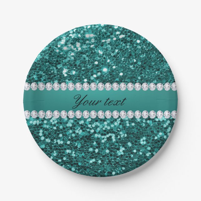 Chic Teal Faux Glitter and Diamonds Paper Plate (Front)
