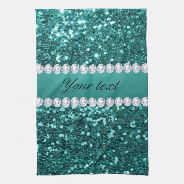 Chic Teal Faux Glitter and Diamonds Tea Towel (Vertical)