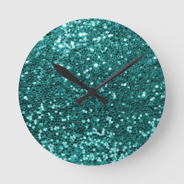 Chic Teal Faux Glitter Round Clock (Front)