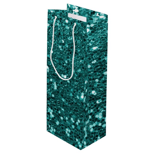 Chic Teal Faux Glitter Wine Gift Bag (Front Angled)