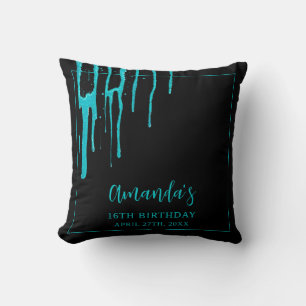 Chic Teal Glitter Drips Sweet 16 Birthday Cushion