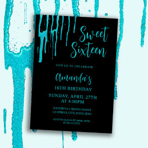 Chic Teal Glitter Drips Sweet 16 Birthday Invitation