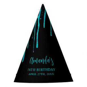 Chic Teal Glitter Drips Sweet 16 Birthday Party Hat