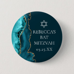Chic Teal Gold Agate Bat Mitzvah Party 6 Cm Round Badge