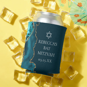Chic Teal Gold Agate Bat Mitzvah Party Can Cooler
