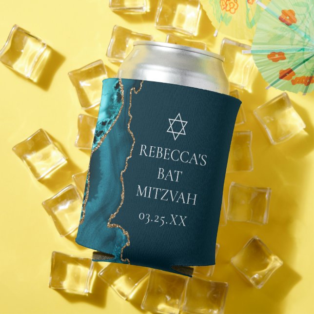 Chic Teal Gold Agate Bat Mitzvah Party Can Cooler (In Situ Summer)