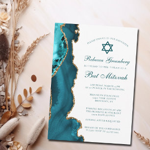 Chic Teal Gold Agate Bat Mitzvah Party Invitation