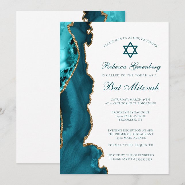 Chic Teal Gold Agate Bat Mitzvah Party Invitation (Front/Back)