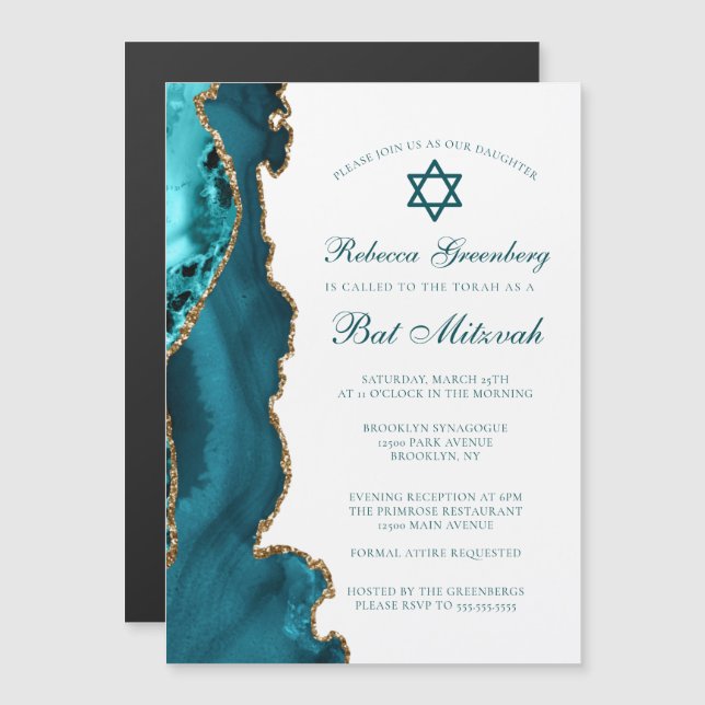 Chic Teal Gold Agate Bat Mitzvah Party Magnetic Invitation (Front/Back)