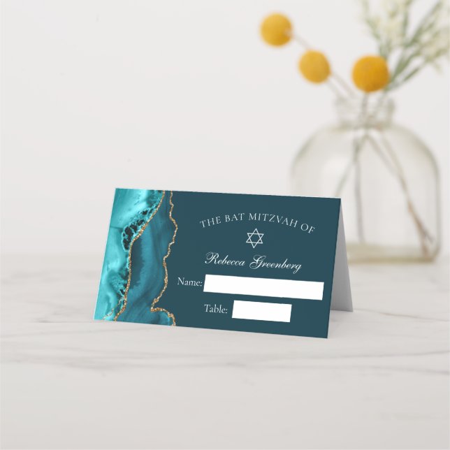Chic Teal Gold Agate Bat Mitzvah Party Place Card (Front)
