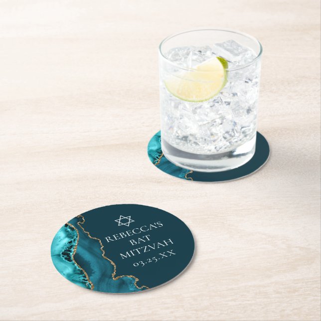 Chic Teal Gold Agate Bat Mitzvah Party Round Paper Coaster (Insitu)
