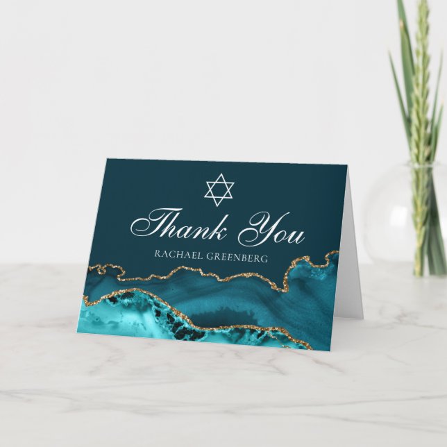 Chic Teal Gold Agate Personalised Bat Mitzvah Thank You Card (Front)